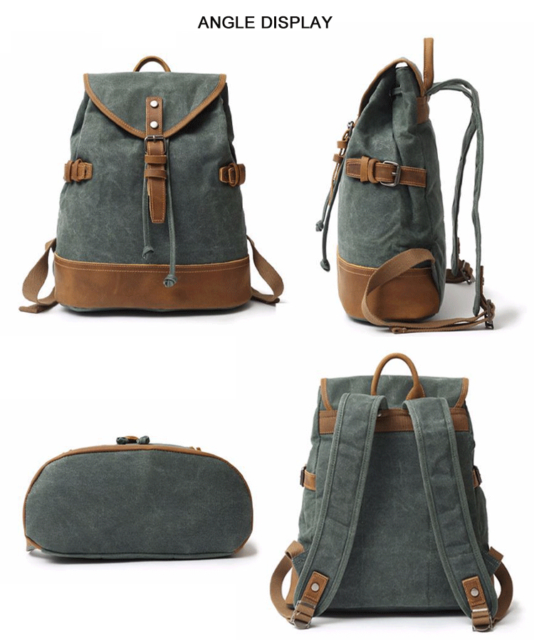 Mochila vintage unisex de lona encerada de cuero con cordón