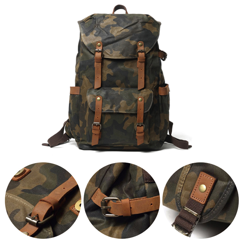 mochila escolar de lona encerada de camuflaje impermeable