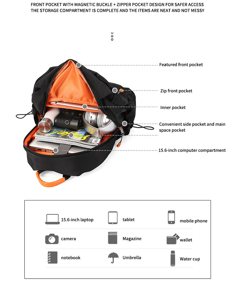 Mochila USB de laptop de nylon negro multifuncional mochila USB 