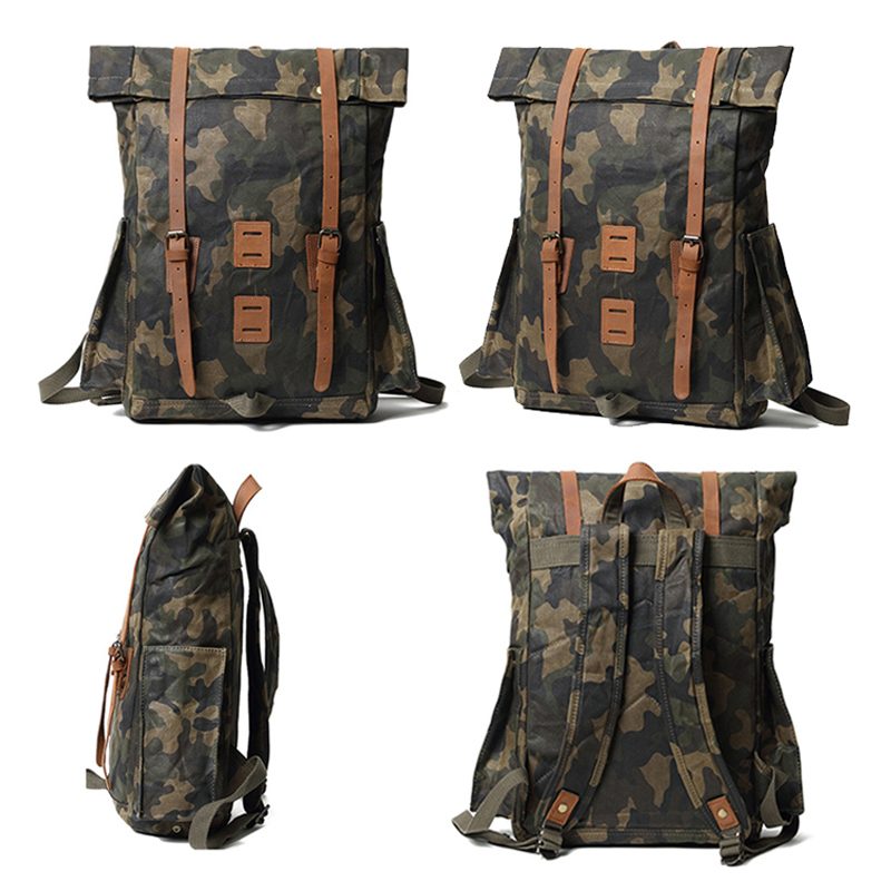 mochila de cuero de camuflaje mochila de lona encerada para hombres