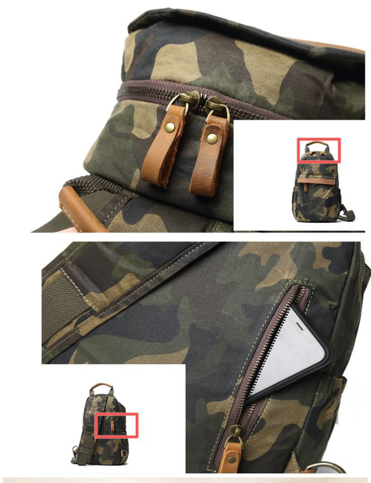 Bolso de pecho de hombre de camuflaje de un hombro de cuero de lona al aire libre